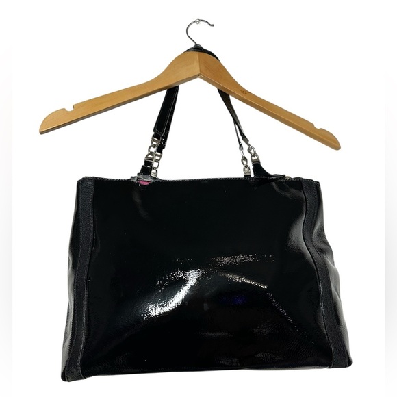 Rare Kate Spade Patent Leather Tote Bag Black Zip Hot Pink Lined | Cow Leather - Picture 5 of 12